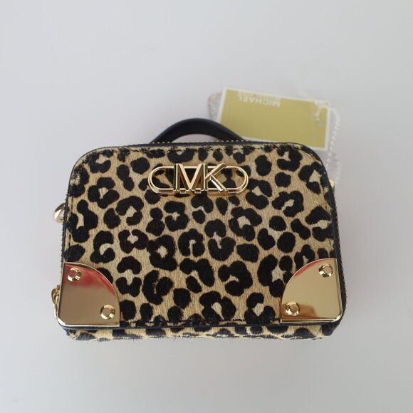 Michael Michael Kors Estelle Micro Trunk Crossbody Leopard Print Tan/ Black - Picture 2 of 14
